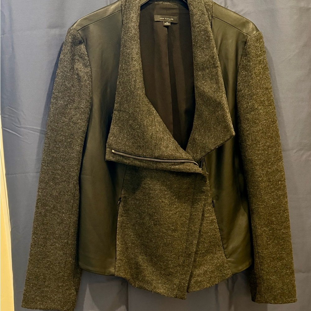 Ann Taylor Gray Flannel with Faux Black Leather Insets Jacket